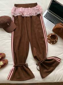 Comfortcana 女式休闲撞色蕾丝条纹侧缝松紧腰运动裤，秋季 - 棕色 - 查看 4