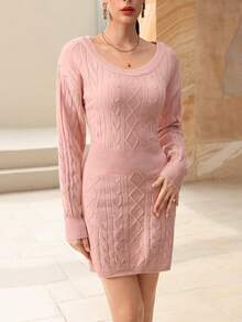 Modelyn 女式休闲修身腰毛衣裙 - 粉色 - 查看 8