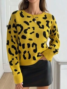 SHEIN Tall Pull doux et chaud en jacquard léopard, style décontracté pour grandes tailles