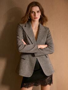 MOTF PREMIUM Áo khoác blazer dáng rộng bo eo xương cá cho nữ, mùa thu/đông - màu nâu - Xem 3