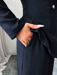 Elenzga petite 女式橄榄绿色厚面料 V 领翻领收腰纽扣设计西装外套和阔腿裤套装，教师/职业装，适合感恩节、万圣节、秋季，时尚百搭两件套 - 藏蓝色 - 查看 4