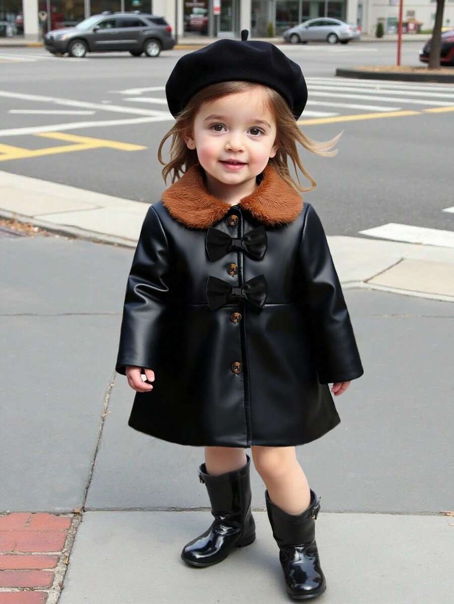 SHEIN Baby Girls' Faux Fur Collar Bow Decor Trench Coat, Autumn/Winter - Black - View 1