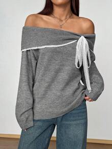 SHEIN Unity Áo len ngắn ren tương phản dễ thương hở vai thường ngày dành cho nữ - Xám - Xem 4
