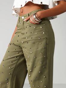 MISSGUIDED Jeans de tiro alto y pierna ancha con tachuelas de color verde oliva para mujeres, pantalones decorados con metal de moda - Verde - Ver 4