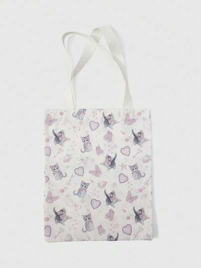 Kawaii Reusable Canvas Tote Bag With Allover Print Eye/Moon/Star Pattern, Shoulder Bag Design Suitable For Shopping