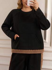 Rosumi Plus Size Women Black 2 Pieces Set Contrast Lace Raglan Sleeve Sweatshirt And Wide Leg Pants,Autumn Smart Casual Everyday Cozy Fall Winter Clothes - Black - View 7