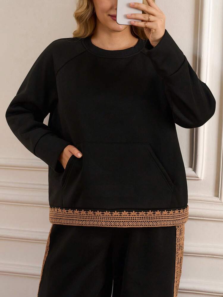 Plus Size Women Casual Commuter Contrast Lace Pocket Raglan Sleeve Sweatshirt And Wide Leg Pants 2 Pieces Set Cozy Fall And Winter Clothes For Women New Year Look Maija Fall Winter 2025 Fall/Winter Part  Y Elegant Dress Women  Stylish Clothing Collection Elegant Party Clothes For New Year Christmas Clothes For Women  Winter Clothes For Women Top And Pants Set