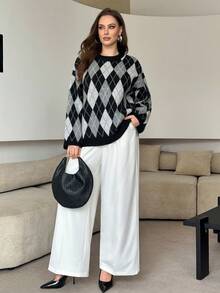 Modelyn Suéter holgado de punto con patrón de diamantes, efecto estilizante, talla grande, estilo casual, otoño/invierno - Gris - Ver 4