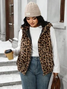 EMERY ROSE Veste sans manches rembourrée, zippée, à capuche, en fausse fourrure avec imprimé léopard, style classique, élégante et décontractée, pour femmes grandes tailles - Tabac - Voir 5