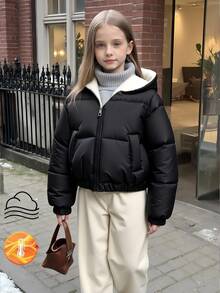 SHEIN 少女休闲时尚梭织面料保暖连帽短款羽绒服，宽松舒适，适合秋冬季日常通勤、户外玩耍、聚会、拍照等场合 - 黑色 - 查看 4