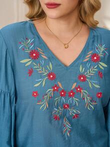 Rosumi Plus Size V-Neck Dropped Shoulder Lantern Sleeve Elegant Embroidered Blouse, Autumn/Winter,2025 New - Teal Blue - View 7