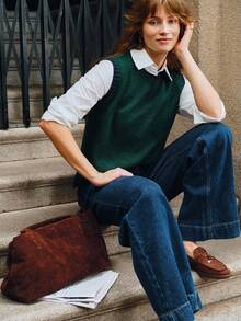 Écloséra 女士休闲宽松圆领无袖针织撞色饰边卡其色毛衣上衣，春秋季 - 墨綠色 - 查看 1