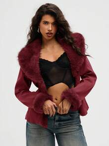 Aloruh Women's Elegant Elegant Simple Solid Color Patchwork Faux Fur Waist Regular Jacket, Autumn/Winter