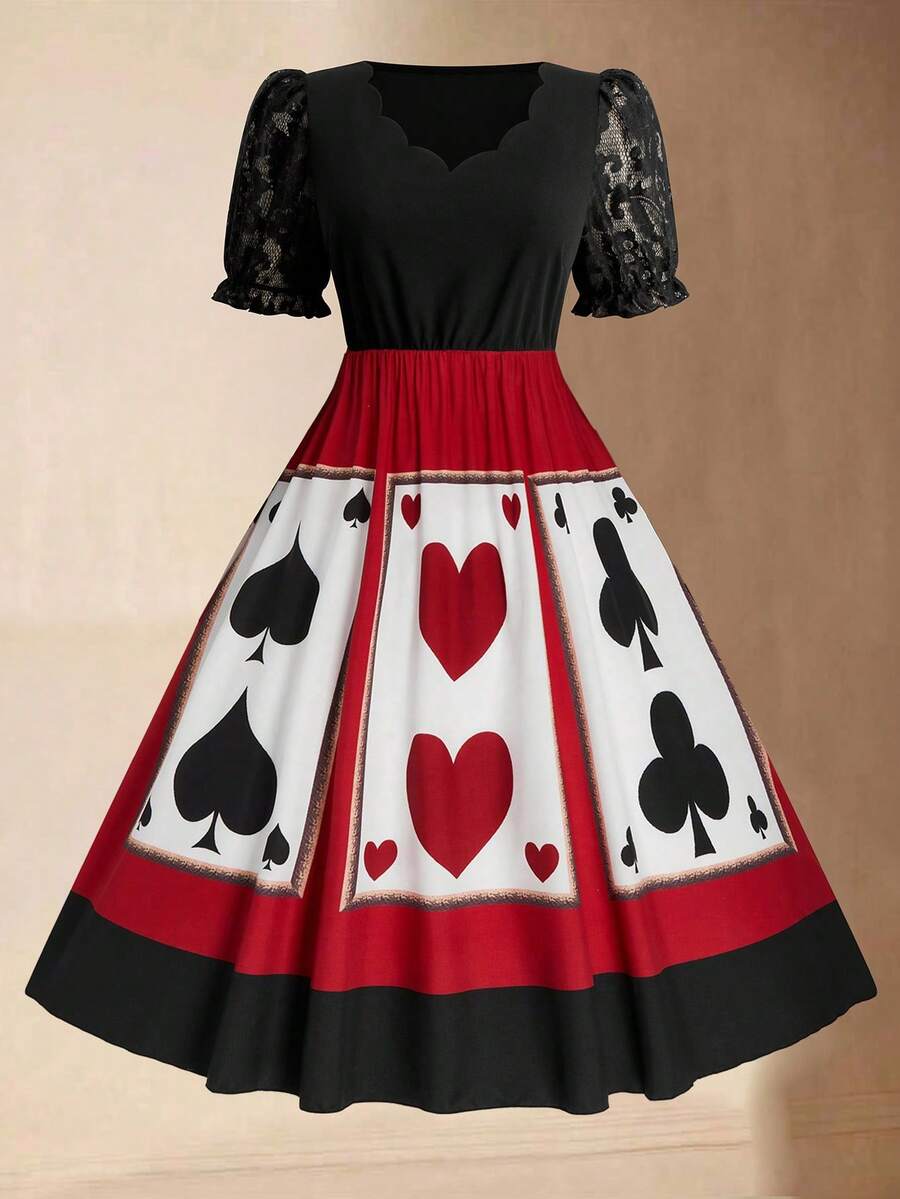 SHEIN Clasi 大码优雅色块卡片印花连衣裙 - 黑色 - 查看 1