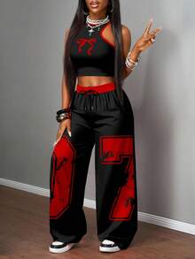 Slaydiva Bộ 2 món đồ thời trang đường phố đơn giản cho nữ, áo hai dây bó sát và quần ống rộng, thích hợp mặc dạo phố - màu đen - Xem 4