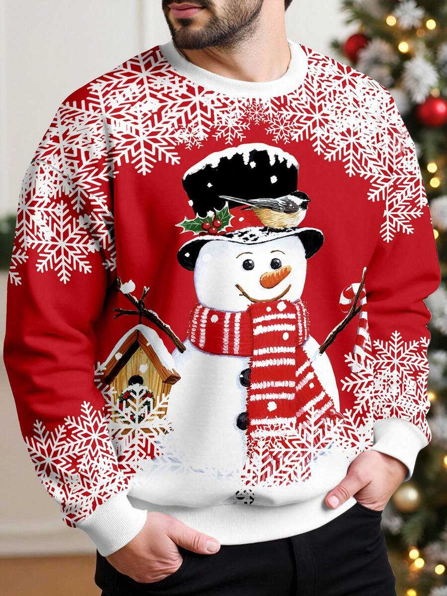 Manfinity Homme Herren-Sweatshirt mit fröhlichem Schneemann-Muster | Klassisches, farbenfrohes Langarmshirt mit Schneeflockenmotiv | Elegantes Sweatshirt mit Winter-Schneemann- und Vogelprint | Bequemer, warmer Weihnachtspullover für festliche Anlässe - Verschiedenfarbig - Übersicht 1