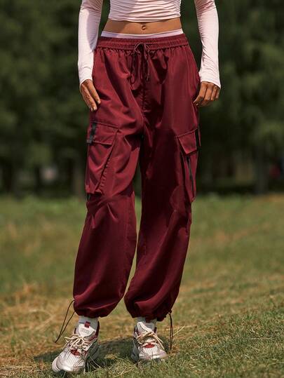 WanderVale 女士春夏纯色酒红色多口袋弹力腰休闲运动户外工装裤徒步裤新年、圣诞节户外