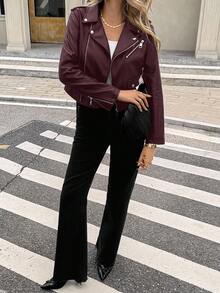 SHEIN Essnce Kurtka ze skóry PU z wycięciem pod szyją, zamkiem błyskawicznym z przodu i paskiem na jesień/zimę