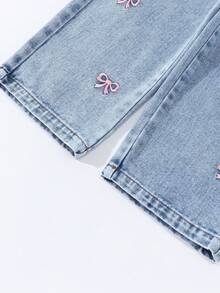 ChillGRL Young Girls Fashion Snowflake Washed Distressed Embroidered Flare Pants Jeans With Pink Bows - Light Wash - View 3