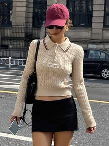 DAZY 女士休闲撞色领毛衣，秋季 - 杏色 - 查看 4