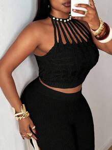 Maweii 大码女式毛衣纯色浅粉色，扭绳，珍珠项链，性感修身，优雅，派对女式上衣，高端设计感，短款针织上衣，秋冬，女式外套，女装斯堪的纳维亚派对针织镂空Y2K派对上衣闪光针织 - 黑色 - 查看 3