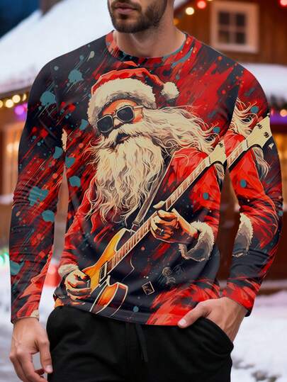 Manfinity Homme Christmas Santa Rock Print Men Long Sleeve T-Shirt, Holiday Christmas Gift For Husband, Boyfriend, Autumn/Winter Cozy Fall & Winter Styles Christmas Pajamas Christmas Gifts Christmas Clothes Christmas Outfit Long Sleeve Tops