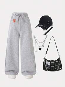 SHEIN Sparklyn Dziewczęce (dorosłe nastolatki) spodnie dresowe, minimalistyczny wzór z logo, kontrastowe kolory, ozdobna kieszeń, dzianinowe spodnie dresowe z kapturem, luźne, szerokie nogawki, długie - Szary - Zobacz 7