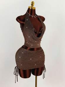 Amplova 女式性感金属闪光垂坠领露背前系带上衣和抽绳褶饰迷你裙 2 件套，时尚派对装 - 棕色 - 查看 9