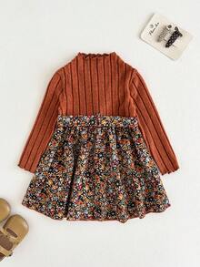 Cozy Pixies Baby Girl Leopard Print High Collar Contrast Color Patchwork Brushed Ribbed Long Sleeve Ruffle Hem Waist Cinched Dress, Suitable For Winter