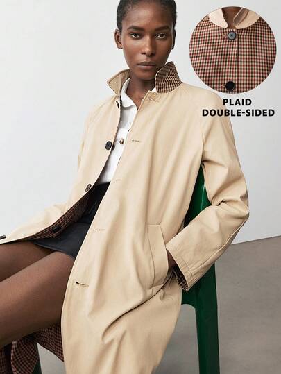 Maija Abrigo largo reversible de cuadros marrones, estilo urbano casual y elegante, corte holgado, versátil para otoño/invierno, abrigo trench oversize para mujer, abrigo trench beige, abrigo trench oversize, otoño mujer, Halloween, otoño para mujer, Día Nacional de Arabia Saudita, fiesta marrón