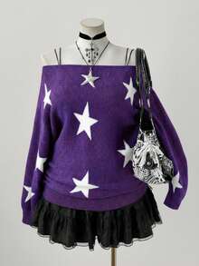 Sunspun 大码女式 Y2K 街头风格五角星提花宽松船领蝙蝠袖舒适针织套头衫，适合秋冬季和返校季 - 紫色 - 查看 1