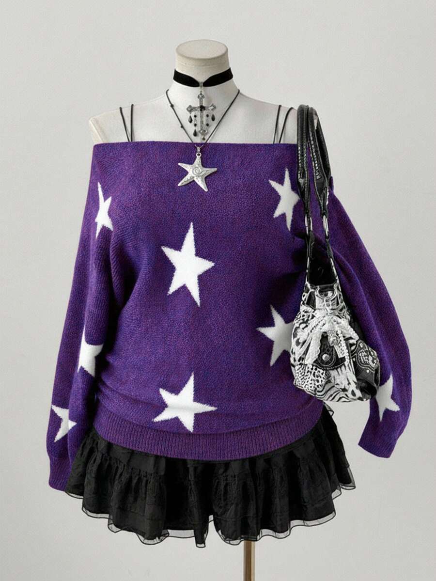 Sunspun 大码女式 Y2K 街头风格五角星提花宽松船领蝙蝠袖舒适针织套头衫，适合秋冬季和返校季 - 紫色 - 查看 1