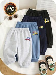 SHEIN 4 件套加厚保暖内衬慢跑裤，男童女童秋冬装，舒适休闲日常服装，简约交通图案，适合室内、户外、日常穿着、运动、派对、拍照、节日、街头服饰