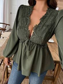 SHEIN LUNE Women's Lace Patchwork Deep V-Neck Tie Front Elegant Long Sleeve Blouse - Army Green - View 3