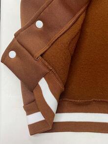 SHEIN 1pc Young Boy Streetwear Casual Jacket, With Stand Collar, White Sleeve Contrast Brown Body, Flocked Patch Decor, Rib Cuff & Hem,  Warm, Suitable For Daily Wear, Sports, School, Travel - Brown - View 7