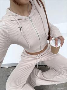 SHEIN Unity 杏色针织羊毛罗纹马术刺绣拉链连帽衫和低腰口袋直筒裤两件套，女士秋冬装，简约百搭，舒适休闲，家居服，适合教师 - 杏色 - 查看 5