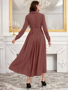 Modelyn 简约前扣系带领长袖端庄连衣裙长款晚礼服 - 粉色 - 查看 7