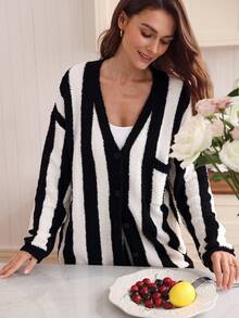 Louniche 女士休闲条纹针织睡衣套装（两件套），秋冬款 - 黑與白 - 查看 6