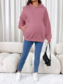 SHEIN 孕婦哺乳純色保暖內裡連帽衫，秋冬保暖女款運動套頭衫 粉色連帽衫 女款連帽衫 連帽衫 - 粉色 - 查看 4