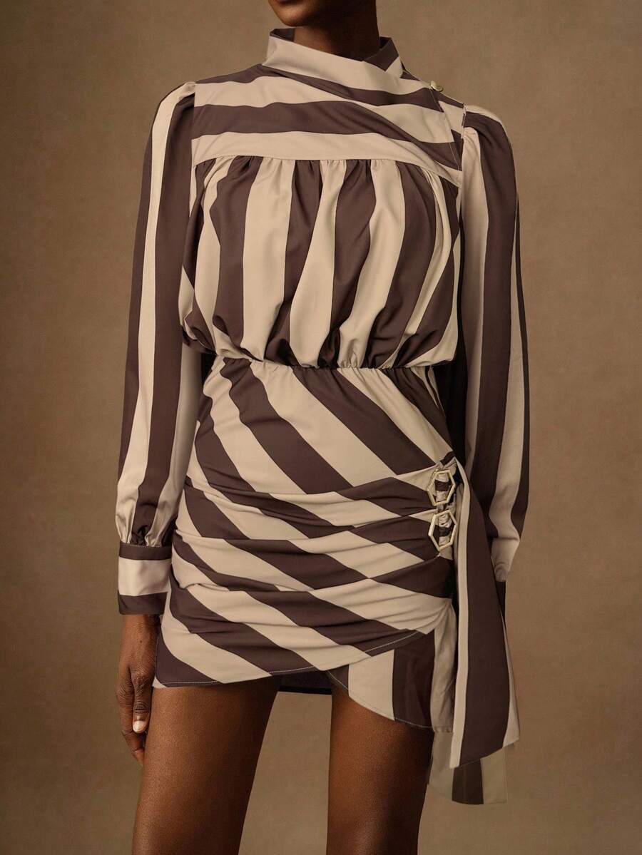 Vesra Vestido curto feminino com gola alta e fivela - Caqui - Ver 1