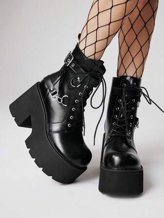 Grunge Punk Botas cortas de tacón grueso de unicolor y estilo punk para mujer, botas de plataforma góticas y sexys, impermeables, con decoración de hebilla metálica doble, cómodas y de cuña de moda