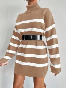 EURMUSE High Neck Striped Sweater Without Belt - Brown - View 3