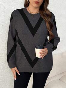 Elenzga Suéter de punto jacquard de manga larga, cuello redondo, estilizador, de moda casual para mujer de talla grande, otoño/invierno - Gris Oscuro - Ver 5