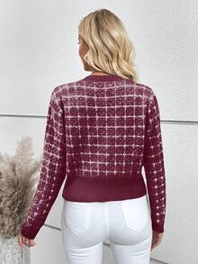 EMERY ROSE Elegant Plaid Front Button Round Neck Cardigan, Autumn/Winter, Christmas - Burgundy - View 2