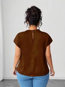 SHEIN LUNE Plus Size Women's Elegant Black Poplin Solid Color Shirt, Spring/Summer - Coffee Brown - View 2