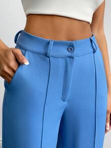 EURMUSE Women's Solid Color Toothpick Stripe Design Straight Leg Loose Casual Pants - Dusty Blue - View 4