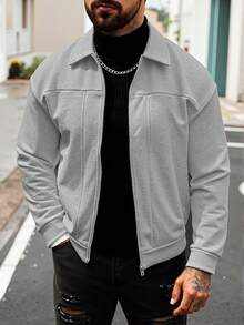 Manfinity CasualCool Áo khoác nam trơn màu thường ngày có khóa kéo, vai trễ, phong cách mùa thu/đông, giải trí hàng ngày, chuyến đi cuối tuần, hoạt động ngoài trời, thám hiểm du lịch, môi trường làm việc thoải mái hoặc những dịp bán trang trọng, quà tặng bạn trai/chồng, quà kỷ niệm, giáng sinh - Màu Xám nhạt - Xem 1