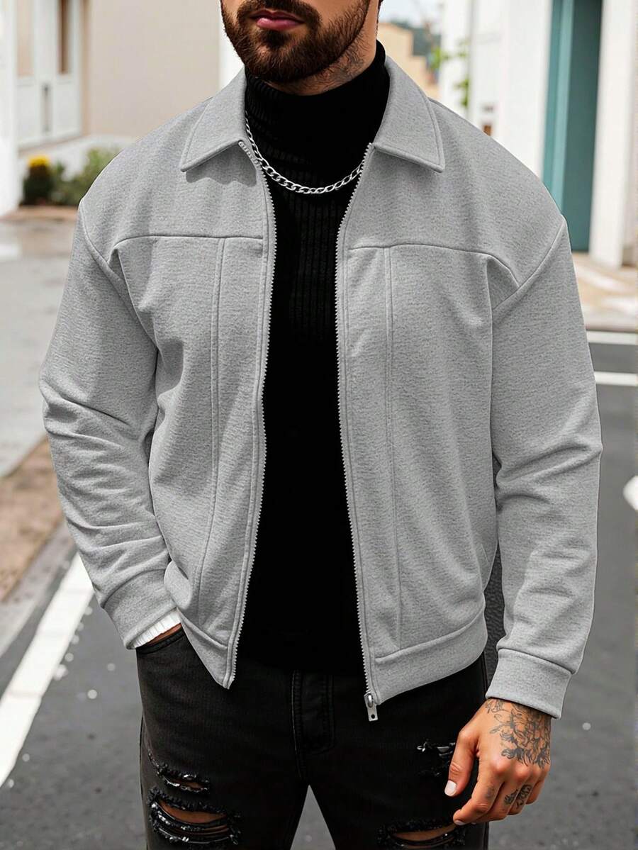 Manfinity CasualCool Áo khoác nam trơn màu thường ngày có khóa kéo, vai trễ, phong cách mùa thu/đông, giải trí hàng ngày, chuyến đi cuối tuần, hoạt động ngoài trời, thám hiểm du lịch, môi trường làm việc thoải mái hoặc những dịp bán trang trọng, quà tặng bạn trai/chồng, quà kỷ niệm, giáng sinh - Màu Xám nhạt - Xem 1