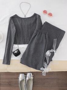 灰色蕾丝T恤和灰色蝴蝶结休闲裤 - 深灰色 - 查看 2