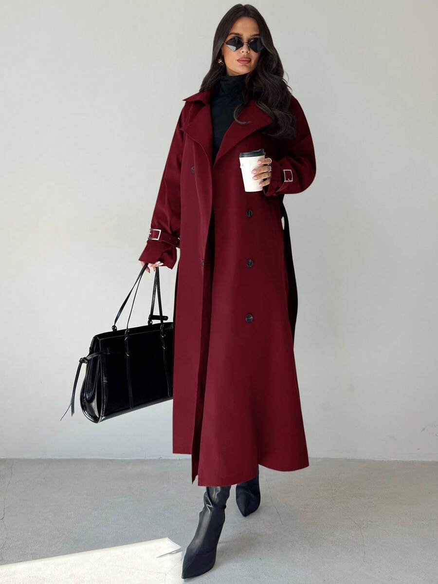 Firerie 女式卡其色翻领仿皮袖收腰双排扣中长款风衣，长袖风衣，春秋冬，通勤，优雅，休闲，工作服 - 酒紅色 - 查看 1